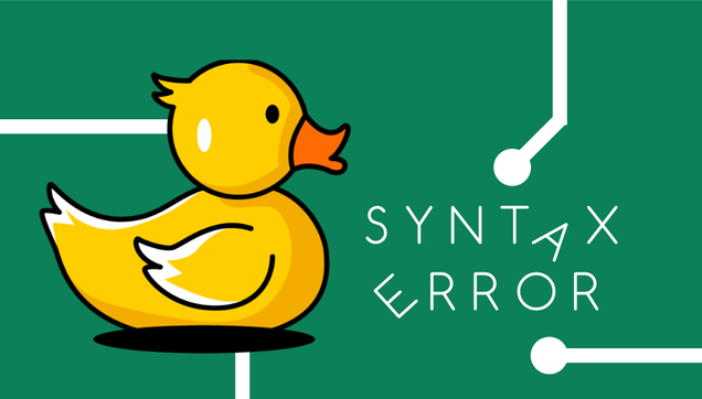 A yellow rubber duck illustration with a distressed face and a sweat drop on the side of its head, on top of a simplified green circuit board. illustration and text "Syntax Error" with letters A and E have fallen partly to their side.