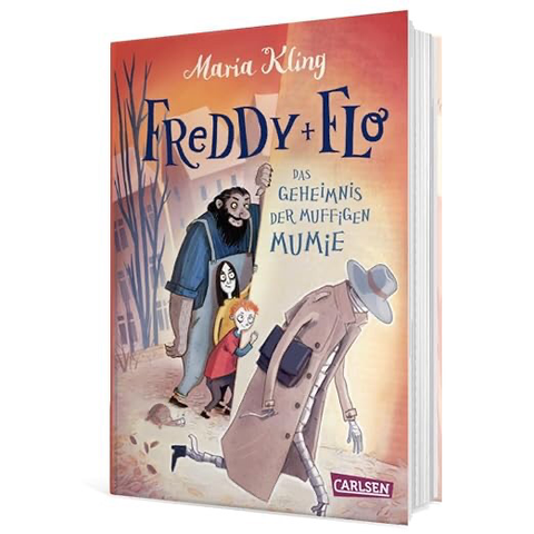 Das Buch und Hörbuch-Cover zeigt die Kinder Freddy & Flo, wie sie an einer Hausecke stehen und eine verdächtige Person beobachten. Diese trägt einen langen beigen Trenchcoat, hat einen Hut mit großer Krempe tief ins Gesicht gezogen und eine schwarze Aktentasche unter dem Arm. Der leicht geöffnete Mantel lässt erahnen, dass es sich hierbei um die Mumie handelt.