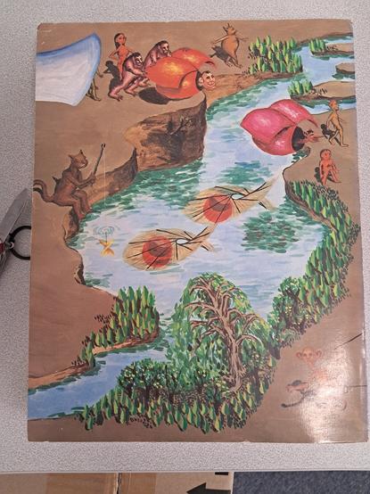 A brown landscape with a river opening into a pool. The pool is surrounded by foliage. On either side of the pool are a variety of humanoid creatures, organised into two groups, each apparently with their own kite, mounted on the edge of the bank. Two whorled sails are floating on the water.
