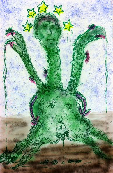 Ingekleurde pentekening. Voorstellende een twee-armige `Triffid` met een mensengezicht. Er boven vijf gele vijfhoek sterren. Achtergrond is blauw en voorgrond bruin.