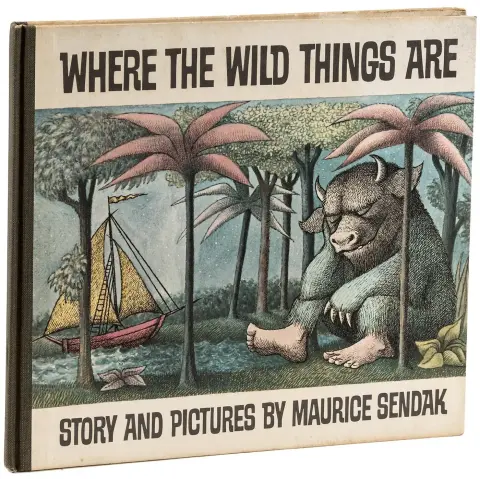 Front panel of the first edition hardcover of Where The Wild Things Are, with story and pictures by Maurice Sendak, published by Harper & Row in 1963. The typeface is the Medium Semi-Condensed style of Safari, used with alternate glyphs (see W E R A D S). Photo by PBA Galleries.