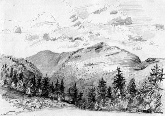 A mainy dark treeline, some mountains and fast clouds.