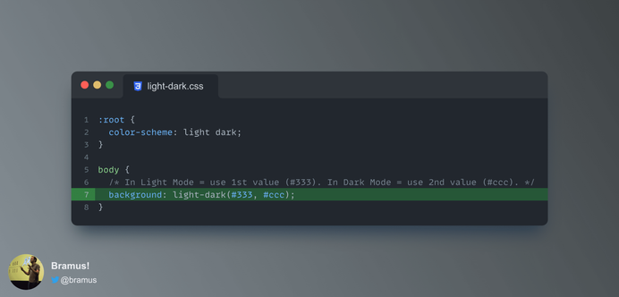 Promotional image with the code detailed in the post: `background: light-dark(#333, #ccc)`. The first value is used in Light Mode, the second one in Dark Mode.
