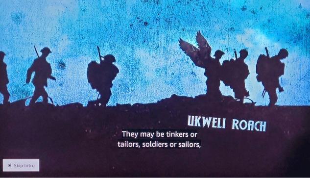 Silhouettes of WWI soldier walking. One has angels outstretched wings. Ukweli Roach They may be tinkers, tailors, soldiers or sailors.