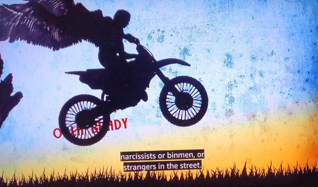 Silhouette of motorcyclist jumping through the air, angel wings outstretched. Orla Brady
Narcissists or binmen, or strangers on the street.