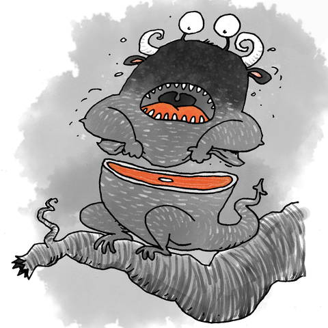 A shocked monster discovers that it has been cut in half