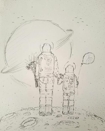 A apparently adult and a childlike person stand on a fractured landscape, one carrying a bouquet of flowers the other a balloon, both wearing a spacesuit and looking into space,
Ball pen, black and white