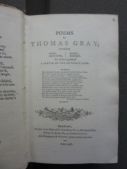 Title page of Poems by Thomas Gray; ... Manchester: G. Nicholson, 1796 / Northup 206, ESTC T173278