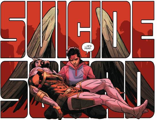 Floyd Lawton (Deadshot) se tient mort, dans les bras de The Aerie et du reste de la team.
A leurs côtés, le tueur présumé, Ted Kord alias Blue Beetle. 
C'est le début du numéro.
Ça va chier.