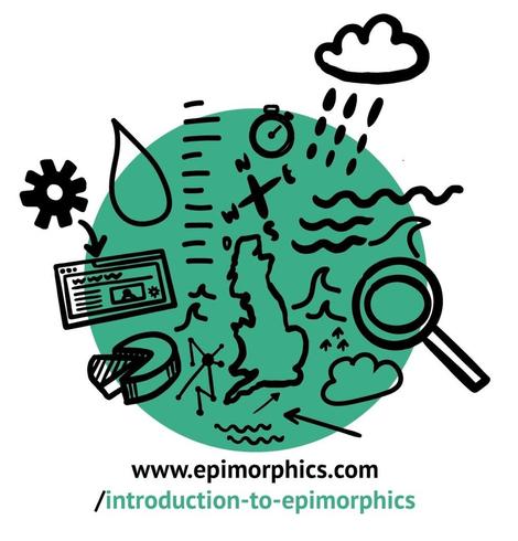 Decorative image with a large mid green circle background overlaid with some data, environment, and technology themed sketch style icons in black.  Underneath the text for the link: www.epimorphics.com/introduction-to-epimorphics
