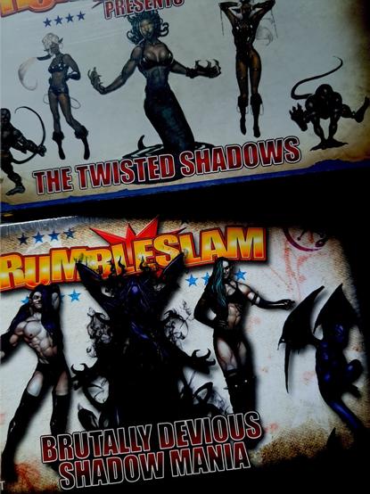 Photo de 2 boites de figurines Rumbleslam, l'équipe des The Twisted Shadows et l'équipe des Brutally Devious Shadow Mania.