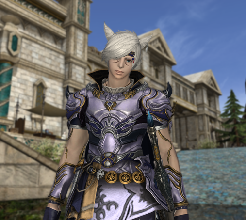 A screenshot from Final Fantasy XIV of my character Ndo'to Maimhov, a Miqo'te Paladin, slumped over and looking sad in Idyllshire