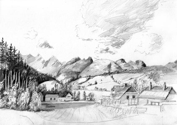 Mountains, trees, clouds and some houses