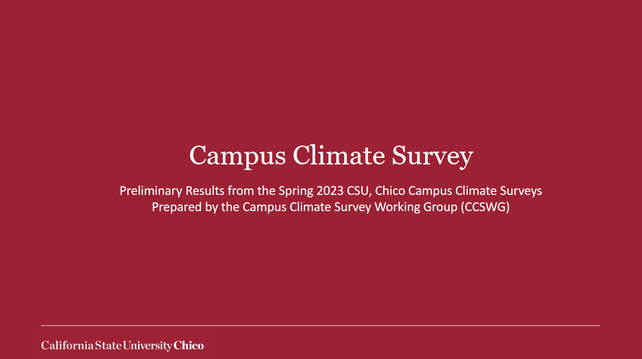 Campus Climate Survey 

Preliminary Results from the Spring 2023 CSU, Chico Campus Climate Surveys 

Prepared by the Campus Climate Survey Working Group (CCSWG)

California State University Chico