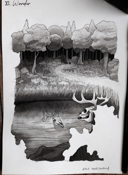 Drawing of a thin horse with a skull head and antlers in a lake. It looks towards the forest edge that a cloaked bear skeleton, a raven and a toad are walking towards. In the lake its own face stares back at it.