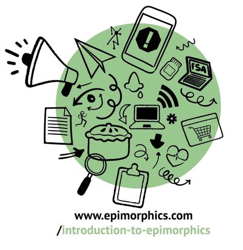 Decorative image with a large light green circle background overlaid with some data, food, and technology themed sketch style icons in black.  Underneath the text for the link: www.epimorphics.com/introduction-to-epimorphics