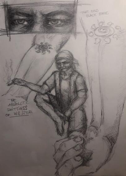 composition à la graphite. En haut à gauche, un cadre se centre sur un regard noir. Au centre, un personnage dessiné nerveusement, avec un bandana, un short et un gilet sur un t-shirt, est assis avec une jambe repliée et fume une cigarette. Il est encadré par deux bras, arborant respectivement un soleil blanc et un soleil noir dans le pli du coude. L'un des bras n'est pas fini; l'autre se termine, en bas à droite, par une main dont les doigts sont doucement repliés.