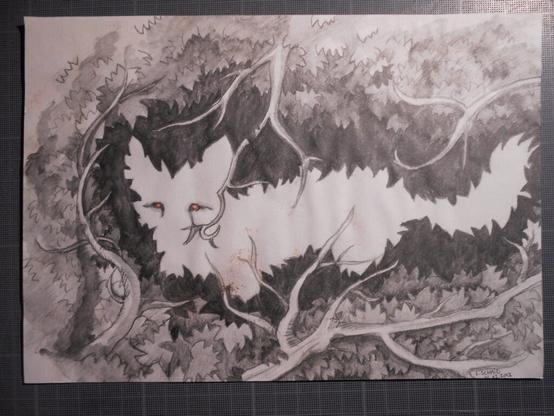 Dessin à la graphite hydrosoluble de plusieurs branches foisonnantes se regroupant vers un centre vide, dont la forme évoque un renard blanc