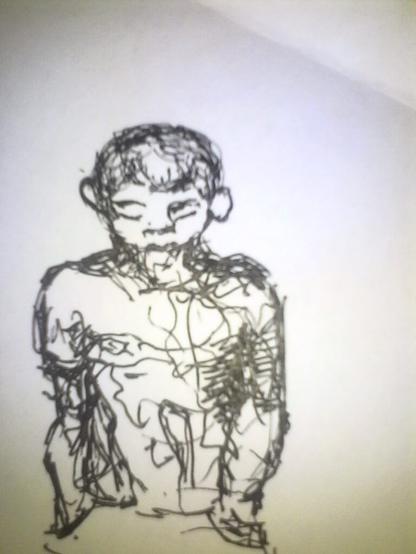 dessin nerveux au liner, qui représente, en un seul trait, un homme, tête baissée en avant, avec les mains dans les poches.