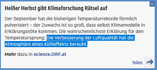 Screenshot des verlinkten Artikels, die folgende Passage hervorgehoben: 

Die Verbesserung der Luftqualität hat die Atmosphäre eines Kühleffekts beraubt.