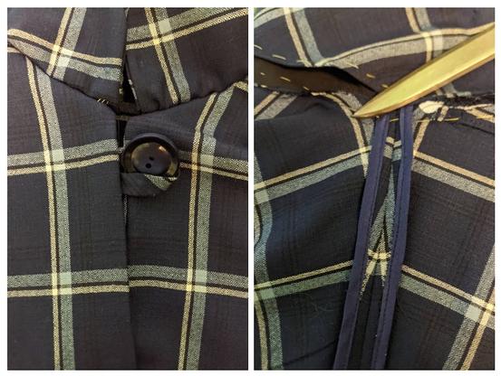 Details of blue wool plaid project. The left shows a basted collar, button loop, big blue button. On the right is a seam finished with bias tape.