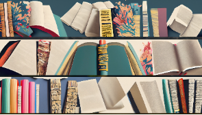 A composite, stylised image of books on shelves, some open and some closed
