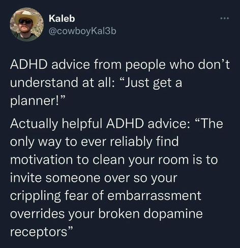 Kaleb
@cowboyKal3b 

ADHD advice from people who don’t understand at all: “Just get a planner!” 

Actually helpful ADHD advice: “The only way to ever reliably find motivation to clean your room is to invite someone over so your crippling fear of embarrassment overrides your broken dopamine receptors”