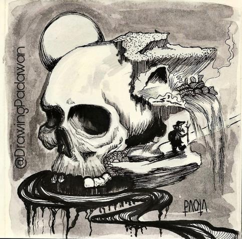 Dibujo en tinta negra sobre papel, de una calavera de la que sale una montaña y un camino por donde viaja un vagabundo.
