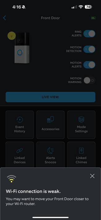 A “bad WiFi” notification from my Ring doorbell suggests that I move my front door closer to my router.