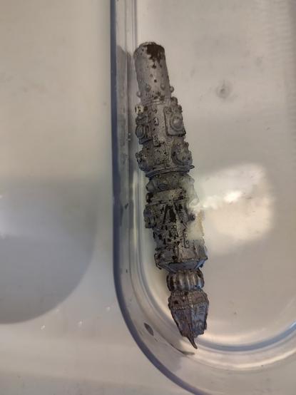 A Star Frontiers battleship miniature with black corrosion, in a small tank of clear liquid.