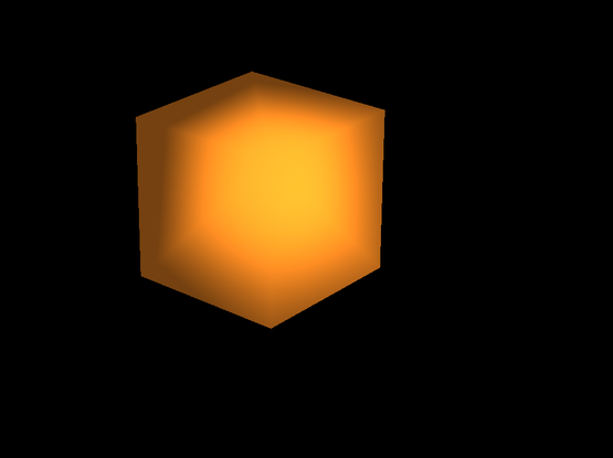 Rendering of an orange cube against a black background, looking diagonally to the corner of the cube. The cube is lit from a light to the right of the camera.
