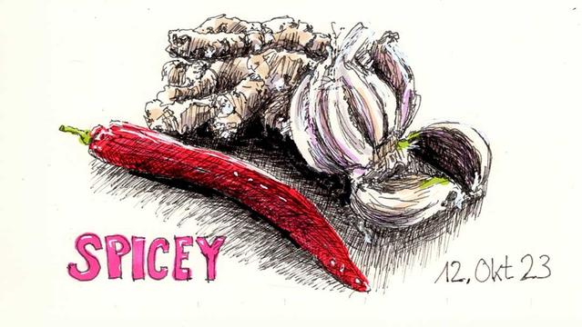 Stillleben mit Ingwer hinten, Knoblauch rechts und im Vordergrund ein roter Peperoncini