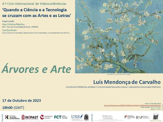 Cartaz da conferência “Árvores e Arte”, com Luís Mendonça de Carvalho. 17 de Outubro de 2023, às 18 horas, via Zoom. Conferência integrada no quarto Ciclo Internacional de Vídeoconferências "Quando a Ciência e a Tecnologia se cruzam com as Artes e as Letras". Organização de Ana Cristina Martins e Cecilia Simón. O cartaz inclui uma representação da pintura “Amendoeiras em flor”, de Vincent van Gogh.