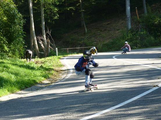 Trois longboarders (dont mon fils et mon neveu), casqués et bien protégés, lancés à pleine vitesse dans les virages de la Wallon Hill