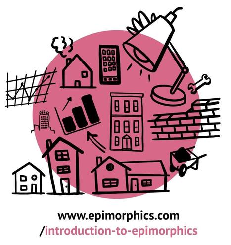 Decorative image with a large mid pink circle background overlaid with some data, housing, and technology themed sketch style icons in black.  Underneath the text for the link: www.epimorphics.com/introduction-to-epimorphics