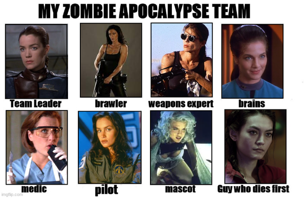 Meme template that reads "My Zombie Apocalypse Team" with 8 fields below, each with an image and a post assigned to it. Susan Ivanova from Babylon 5 as Team Leader. Aeryn Sun from Farscape as Brawler. Sarah Connor from Terminator 2 as Weapons Expert. Jadzia Dax from Star Trek Deep Space Nine as Brains. Agent Dana Scully from The X Files as Medic. Shane Vansen from Space Above And Beyond as Pilot. Lexx from Lexx The Dark Zone as Mascot. Julie Mao from The Expanse as The Guy Who Dies First.