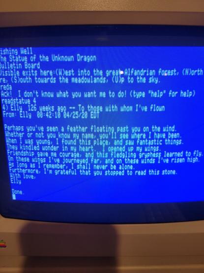 An Apple IIgs logged into Alfandria multi user chat kingdom (MUCK)