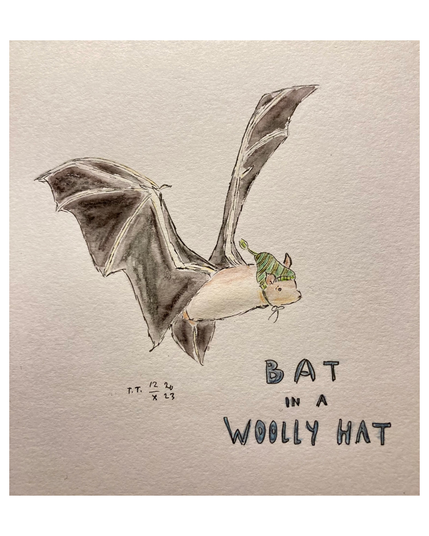 Drawing, pen and watercolour on paper. A bat in flight, wearing a green striped woolly hat. Under the picture reads ”Bat in a woolly hat”.