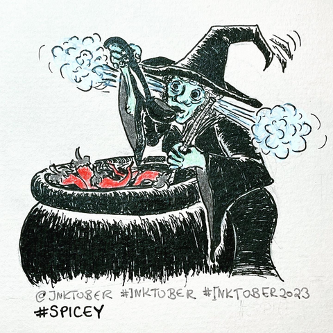 Eine Hexe probiert einen Zaubertrank mit ziemlich vielen Chilis