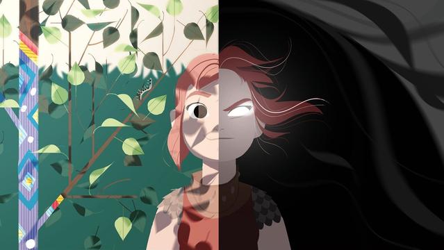 Illustration showing Nimona in two states.