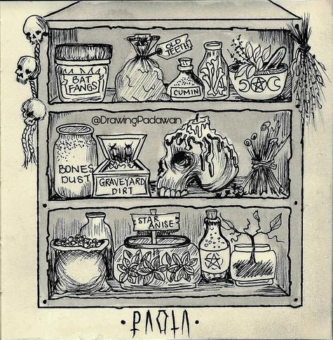 Dibujo en tinta negra sobre papel, de una estantería de especias de una bruja. Temática de halloween.