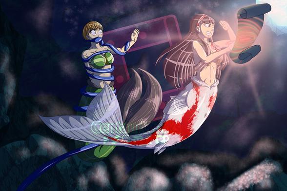 Mermaid Yukiko (Persona 4) writing her name on a contract while Mermaid Chie (Persona 4) is being binded to the side and unable to stop Yukiko