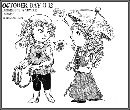 Black and white inked chibi figures. There are two people here, both dressed similarly in variants of a tunic with flowers on the chest. The one on the left is holding a horse's leash, dressed in black pants as well. She's a little annoyed at the other woman and is telling her not to ride a horse in pictorial form. The other woman, holding an umbrella to protect her from the sun, is wearing a long dress. She seems a little sad and is wanting to ride a horse and telling her in the same pictorial form.

Yeah, the speech bubble from the woman in the dress goes first but that's the way alt text goes, I suppose.