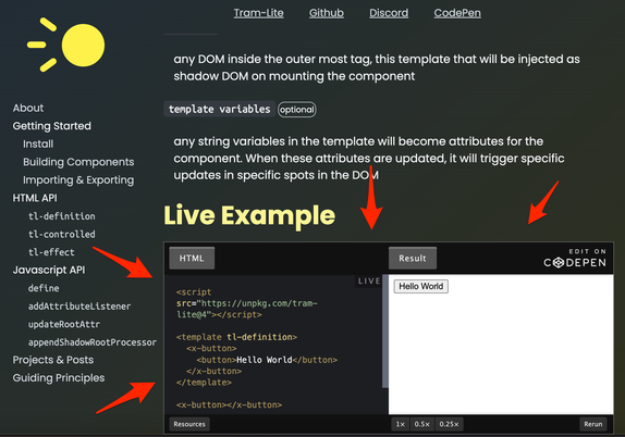 Screenshot of the Tram-Lite Website, below the existing documentation there is a head "Live Example" with a codepen widget. The widget has HTML code on the left, and a result pane on the right.
