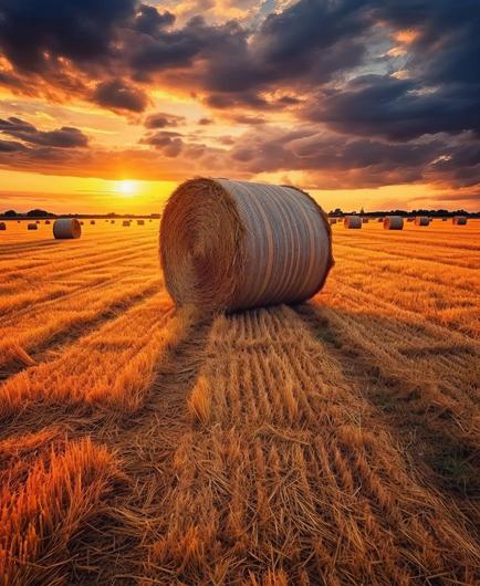 Photography. A color photo
of a harvested grain field in the orange-yellow sunrise. In the center lies a round straw bale. The cloudy sky and the rising sun make even the photo radiate warmth.