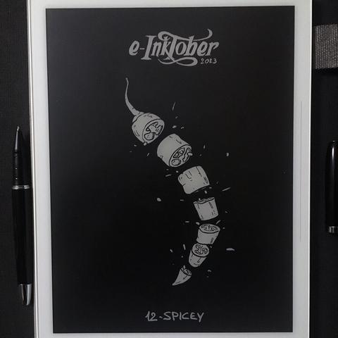 the same black and white drawing of a hot pepper sliced , with a black bacground, on the supernote e-ink device it was made.