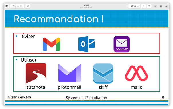 Capture d'écran d'une diapo avec les logos des services mail à éviter et ceux à utiliser.