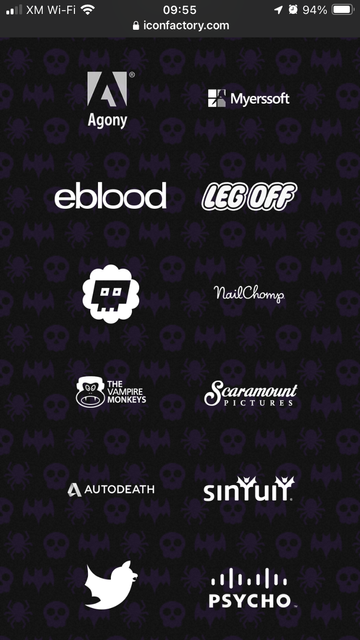 .Il XM Wi-Fi @
09:55
@ iconfactory.com
1 & 94% O
Myerssoft
Agony
eblood lEGOF
NailChamp
00
THE
VAMPIRE
MONKEYS
Scaramount
PICTURES
A AUTODEATH
sinYuit.
PSYCHO