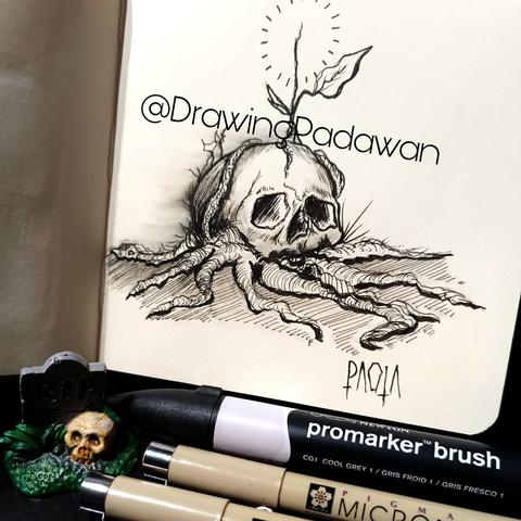 Detalle de la ilustración terminada y material alrededor de la mesa.