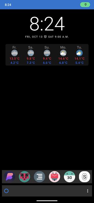 Screenshot of my phone home screen running the KISS launcher on my Pixel 7 Pro running GrapheneOS